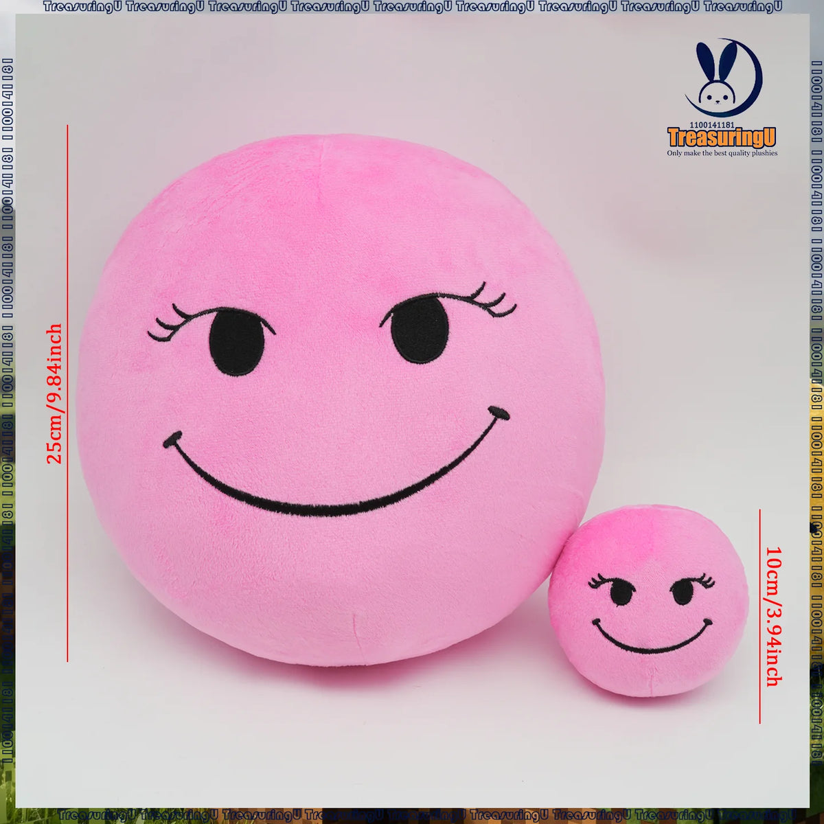 A pink plush doll with a smiling face and a smaller version of the same doll shown next to it.