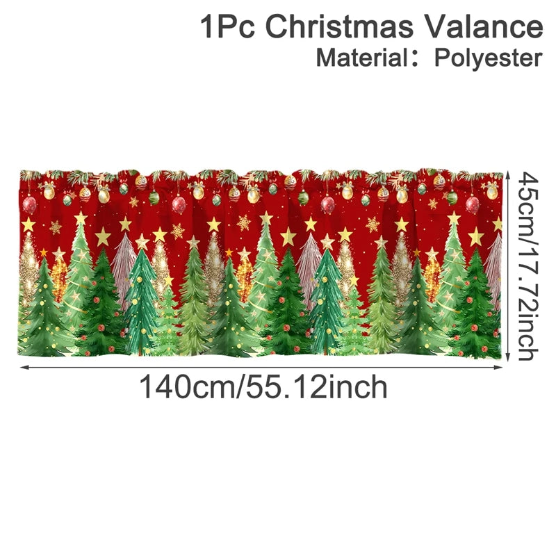 Festive Christmas valence made of polyester featuring a red background with green pine trees and gold accents.