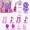A set of purple music theme birthday party decorations including balloons, musical instruments, and confetti.