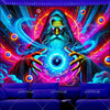 A mystical wizard figure with a green beard and hooded cloak surrounded by vibrant blue and pink light effects.