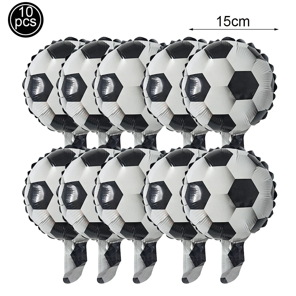 A set of ten black and white standing soccer balloons for party decoration.