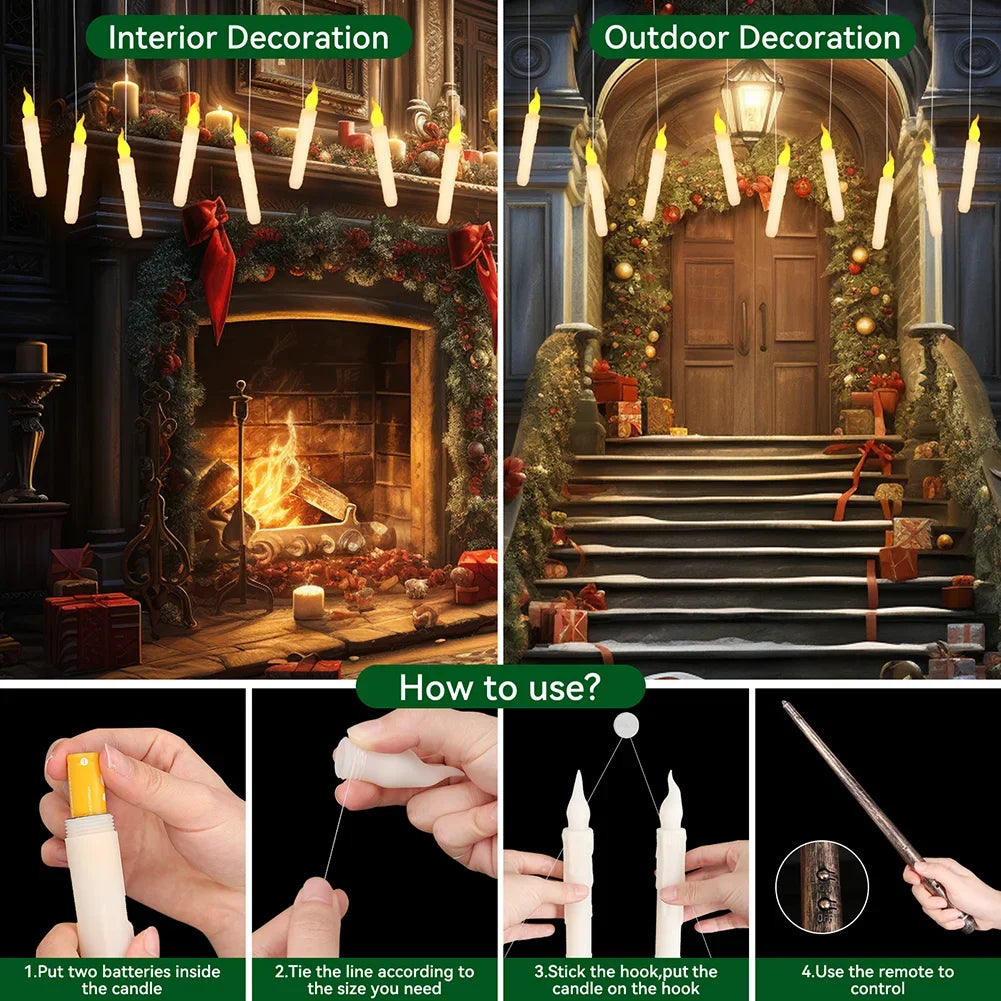 Set of Halloween LED floating candles shown with instructions for use including a magic wand remote