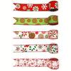 Red and white candy cane pattern burlap ribbon with wired edges for Christmas crafting and wrapping.