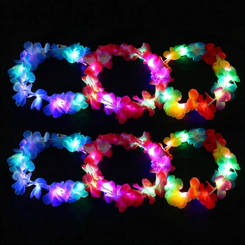 A circular LED flower crown headband with glowing lights in various colors like blue, pink, and yellow.