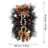 Black and orange Halloween BOO wreath with a pumpkin garland, measuring 50 by 30 cm.