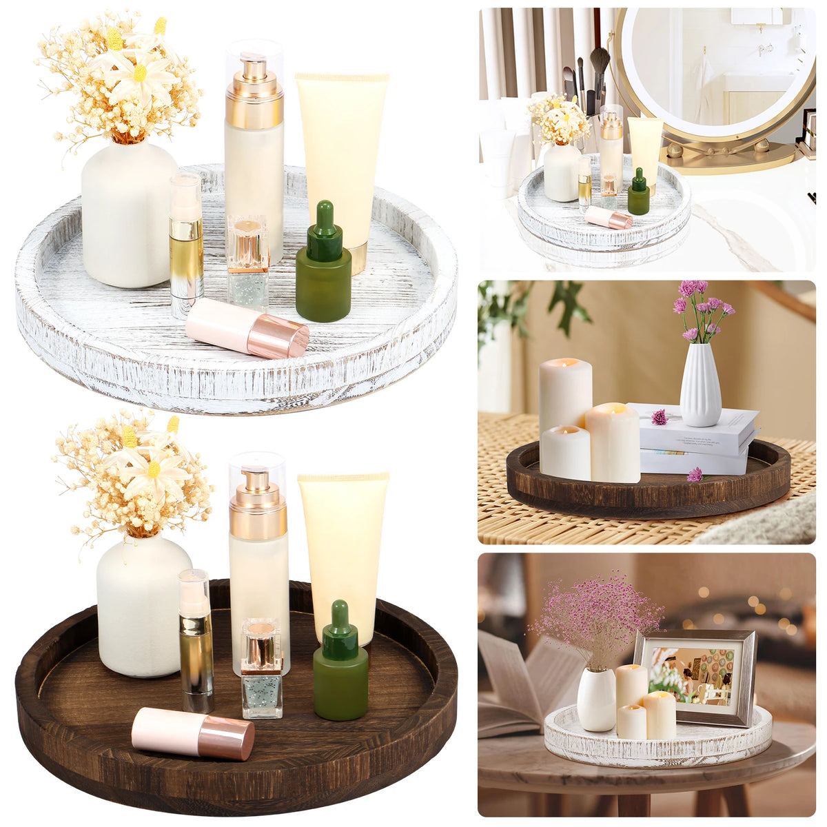 A round wooden serving tray holds various glass bottles, candles, and floral arrangements for vintage decor.