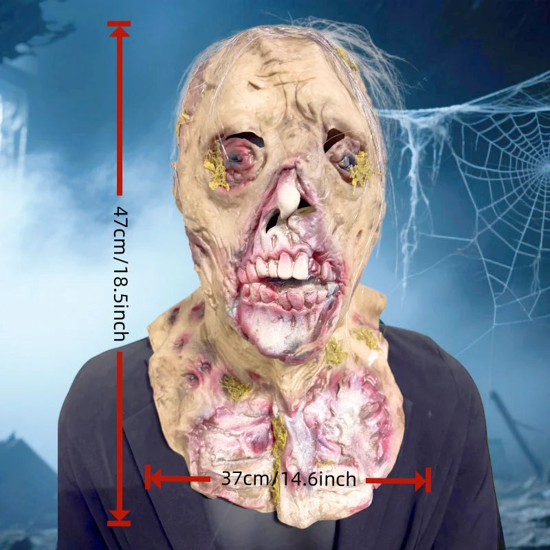 A realistic full-face latex mask resembling a grotesque, aged face with visible texture and facial features.