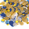 A pile of round tissue paper confetti dots in shades of gold, blue, and gray.