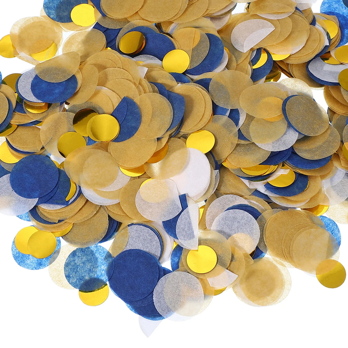 A pile of round tissue paper confetti dots in shades of gold, blue, and gray.