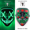 A glowing green LED mask featuring a menacing face design with red accents, shown next to its no-light status version.