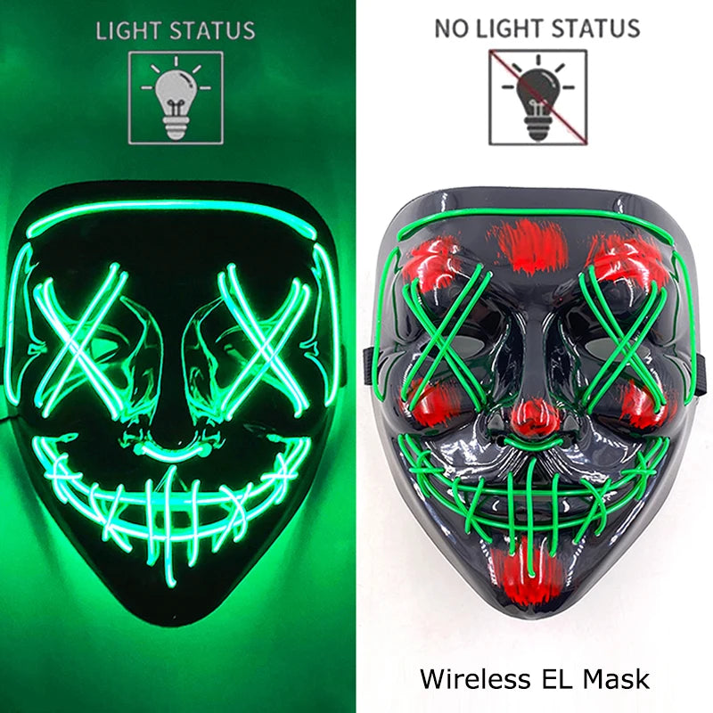 A glowing green LED mask featuring a menacing face design with red accents, shown next to its no-light status version.