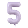 A purple foil number balloon shaped like the numeral five.