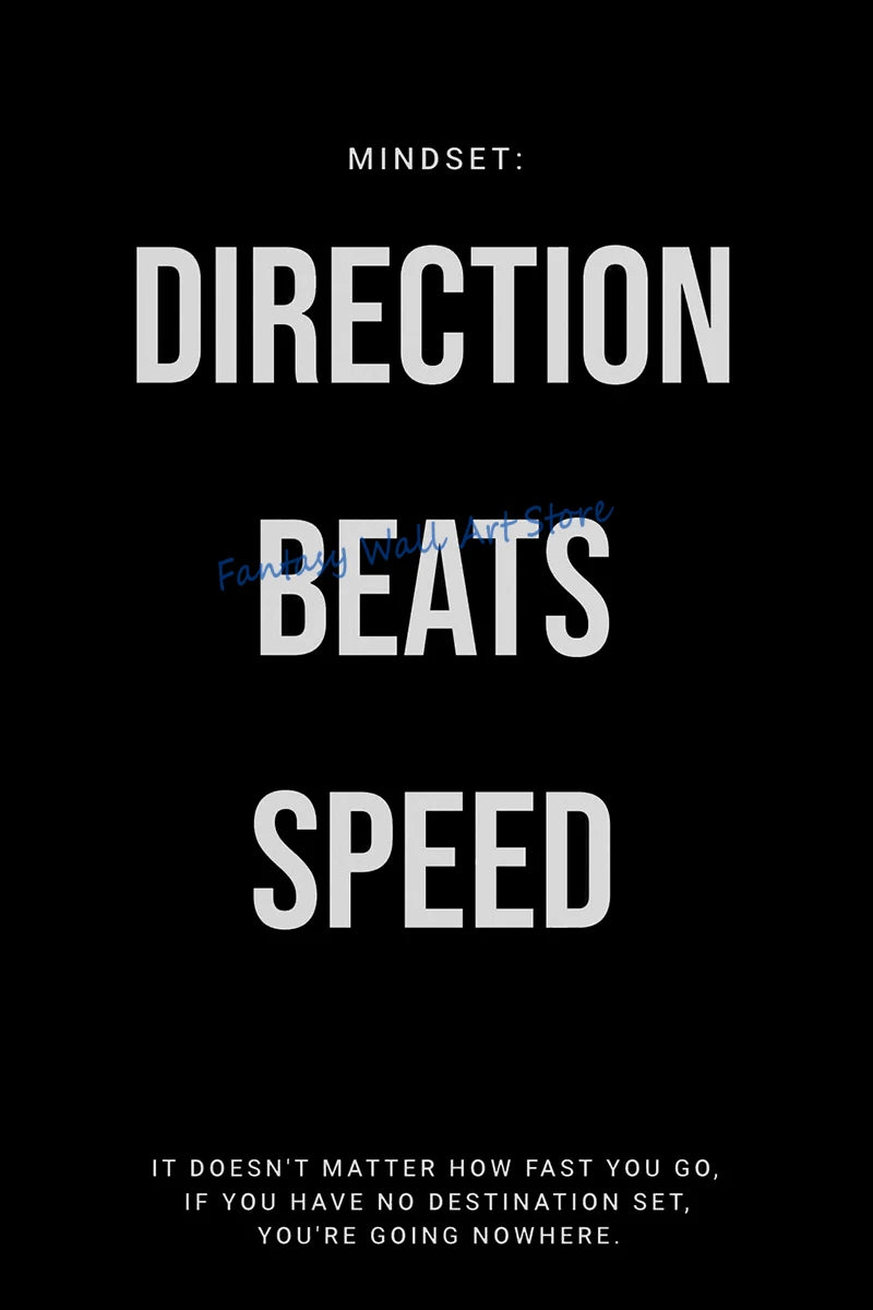 Black background with white text listing mindset elements: Direction, Beats, and Speed, followed by a quote about having no d