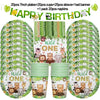Jungle safari birthday party tableware set featuring green and yellow tropical print plates cups straws and napkins