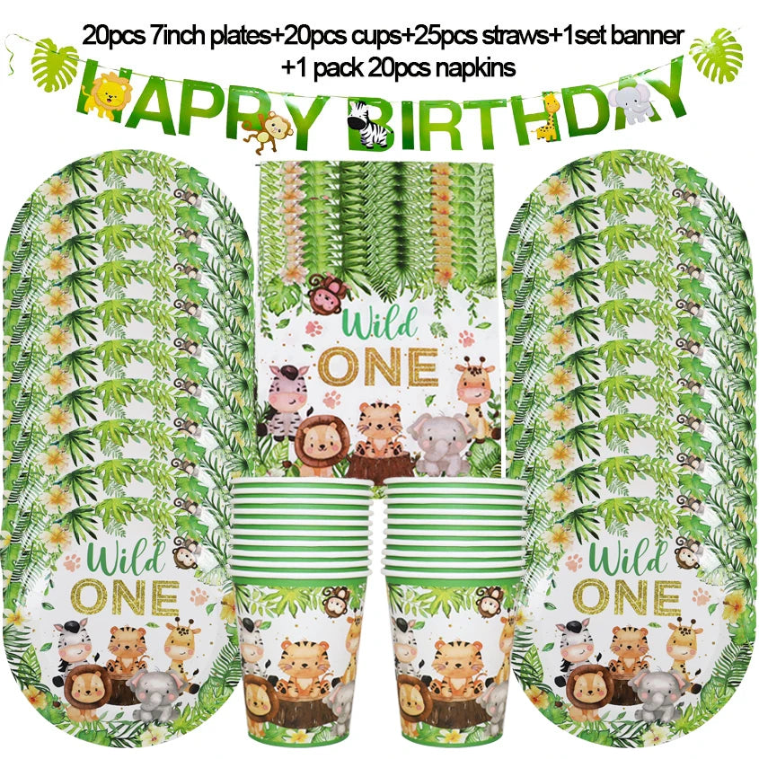 Jungle safari birthday party tableware set featuring green and yellow tropical print plates cups straws and napkins