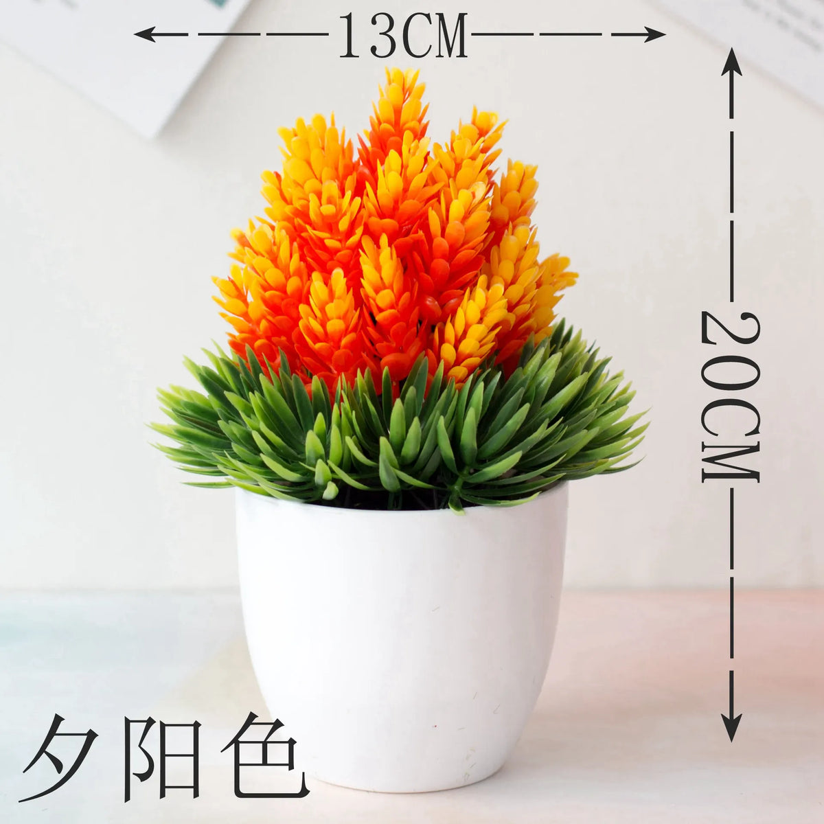 Un vibrant arbre bonsai artificiel orange dans un pot blanc, montrant les dimensions.