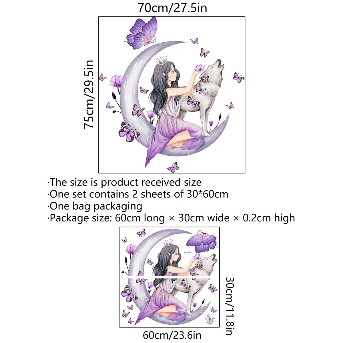Illustration d'une petite fille papillon violette sur fond de lune avec un chien, montrant la taille et l'emballage du produi