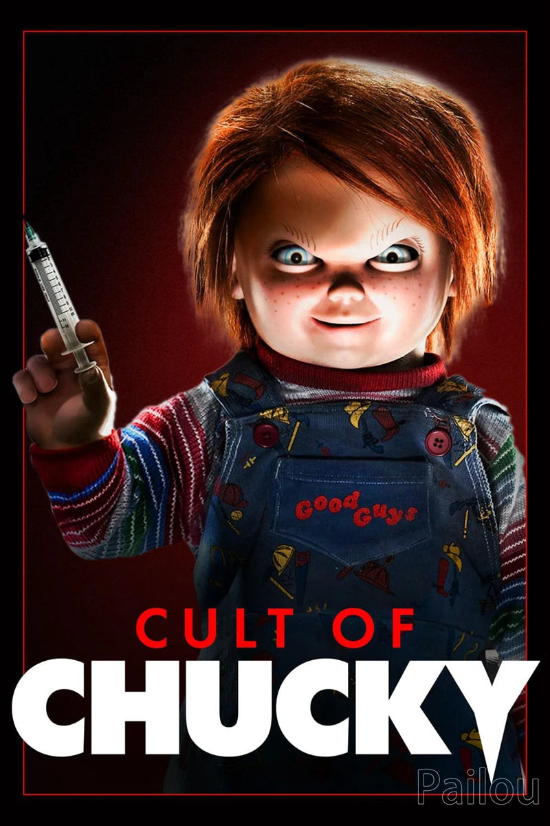 A close-up portrait of the Chucky horror doll, a small child with red hair and an intense expression, is featured on the cove