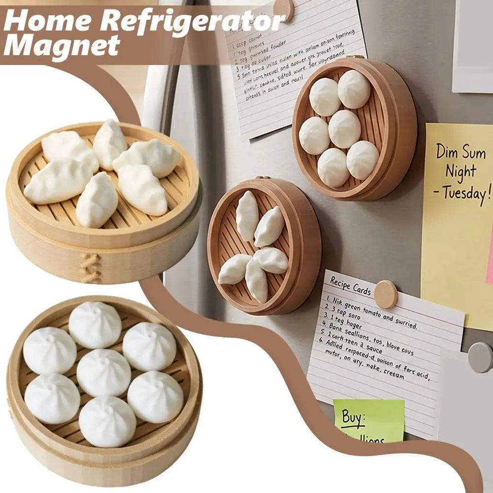 A set of realistic 3D steamer bun and dumpling fridge magnets in a wooden holder.