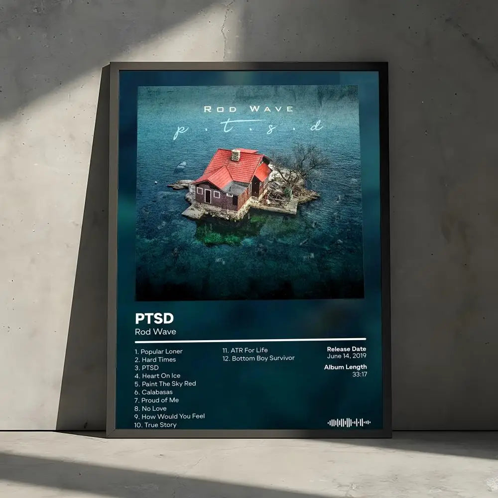 Album cover art for Rod Wave's PTSD featuring a house on the water in deep blue tones.
