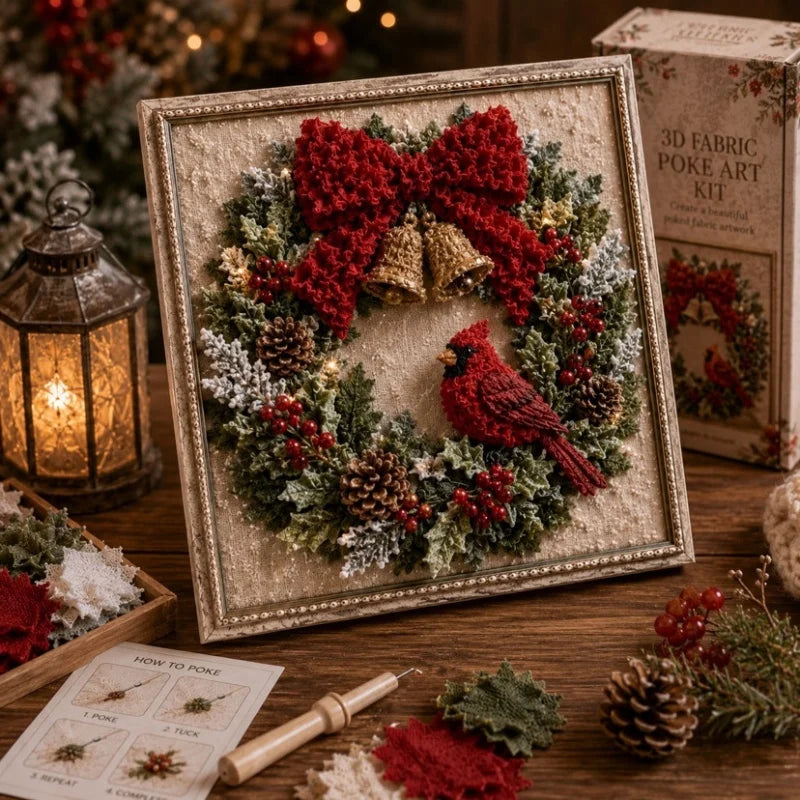 A framed piece of 3D fabric poke art depicting a winter forest scene with red berries, pinecones, and evergreen foliage.