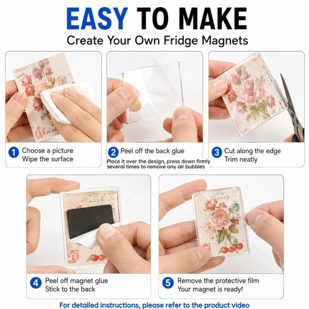 Step-by-step guide showing how to make DIY acrylic fridge magnets by peeling glue and trimming the edges