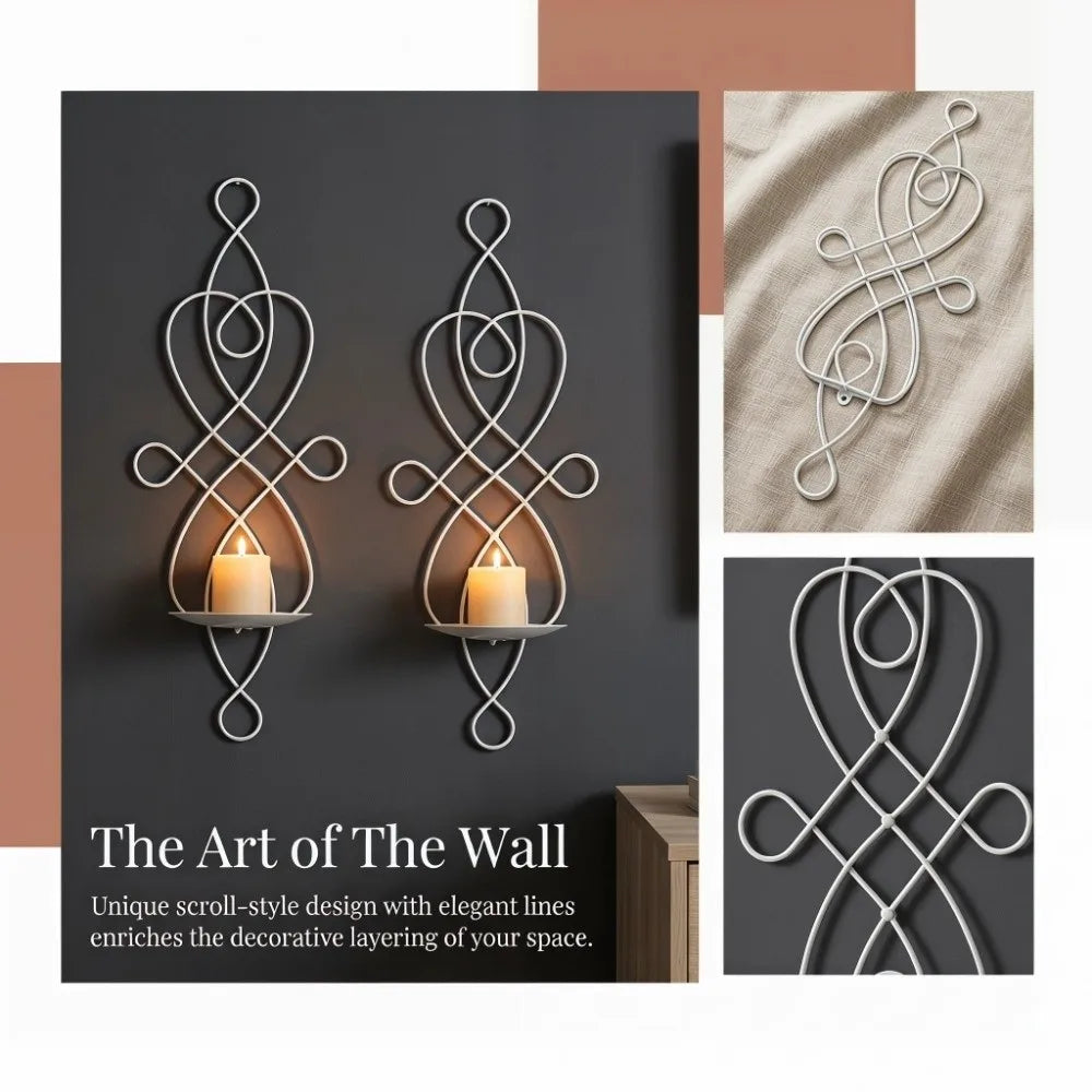A set of elegant, scroll-style iron wall sconces designed to hold candles.