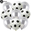 A pack of ten black and white soccer ball shaped latex balloons for party decorations.