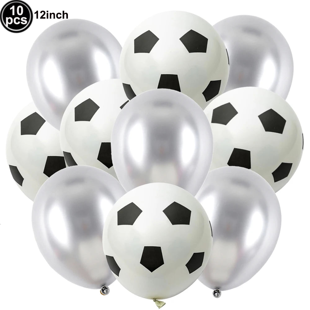 A pack of ten black and white soccer ball shaped latex balloons for party decorations.