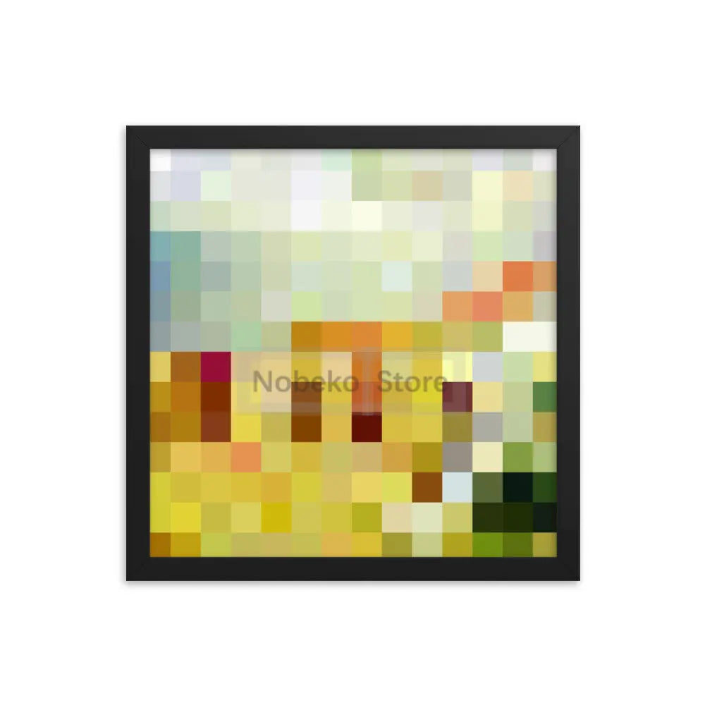 A framed piece of pixel art canvas wall art featuring a muted, abstract color palette.