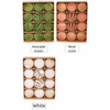 A set of velvet Christmas hanging ornaments in green, gold, and white colors arranged in wooden compartments.