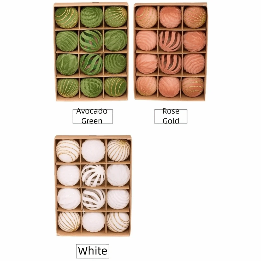 A set of velvet Christmas hanging ornaments in green, gold, and white colors arranged in wooden compartments.