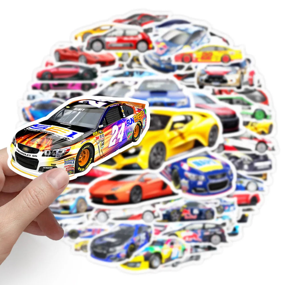 A collection of colorful retro race car decals and stickers arranged in a circular pattern.