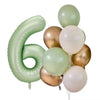A cluster of foil balloons shaped like the number six in olive green and white.