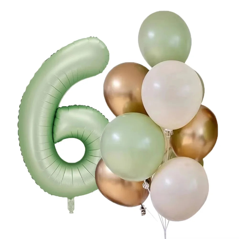 A cluster of foil balloons shaped like the number six in olive green and white.