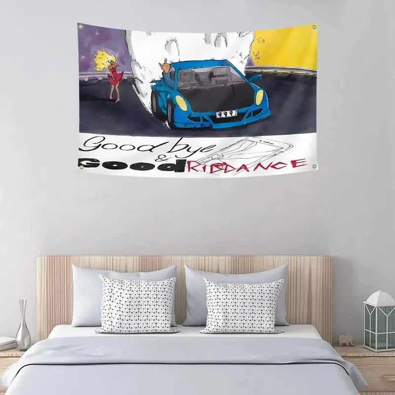 A tapestry wall art featuring a stylized illustration of Juice WRLD saying goodbye and good riddance.