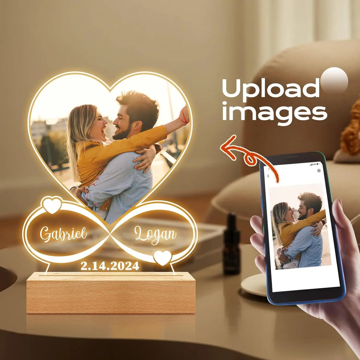 A personalized acrylic photo frame displaying a couple and a date, shown next to a smartphone.