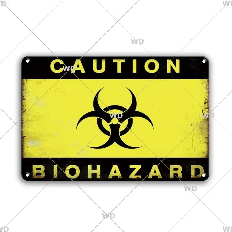 A vintage yellow and black metal sign warning of a biohazard.