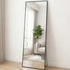 A full-length arched floor mirror with a black aluminum frame reflecting a window and indoor plants.