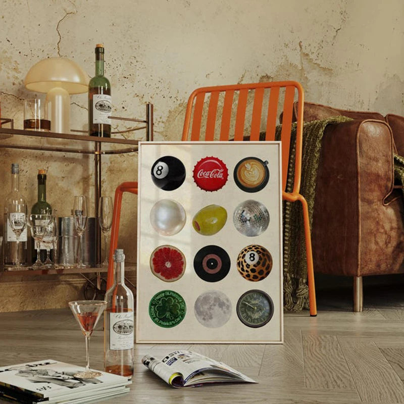A canvas wall art poster featuring a collage of eight different colored and textured 8 balls.