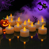 A collection of glowing LED tea light candles casting a warm, orange-yellow light against a dark background with purple smoke