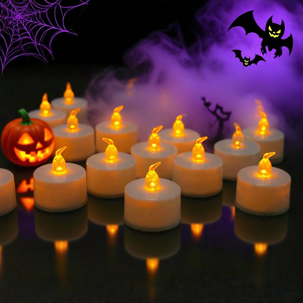 A collection of glowing LED tea light candles casting a warm, orange-yellow light against a dark background with purple smoke