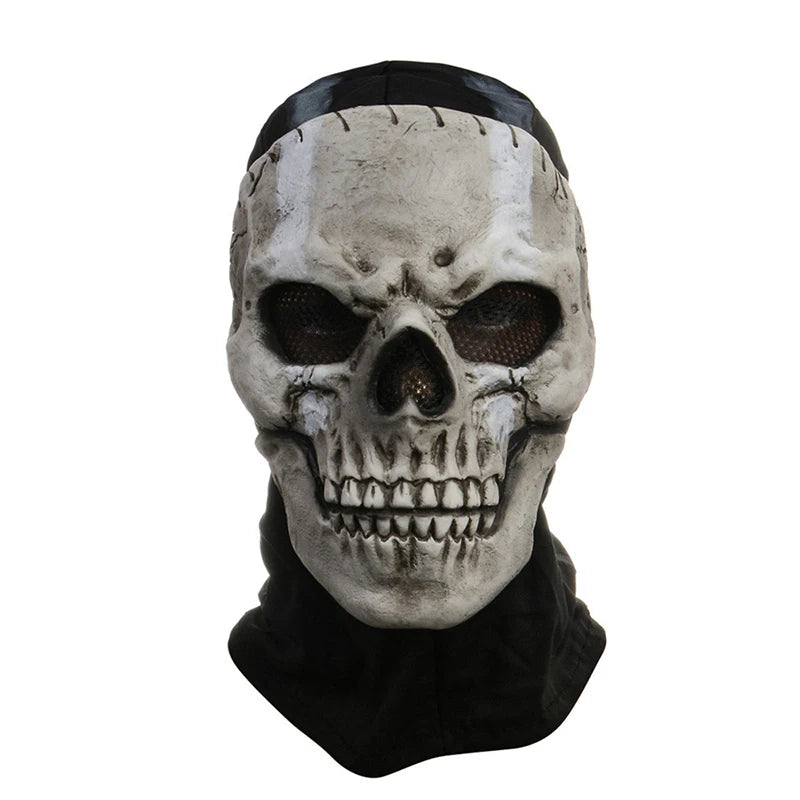 A realistic horror ghost skull latex mask with a black headband and dark features.