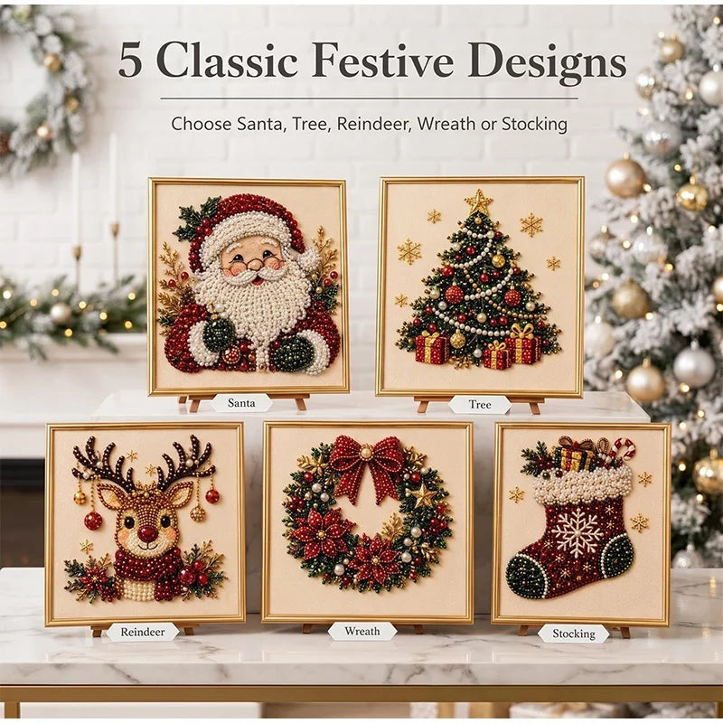 Five classic festive designs for Christmas pearl diamond painting kits featuring Santa, tree, reindeer, wreath, and stocking.