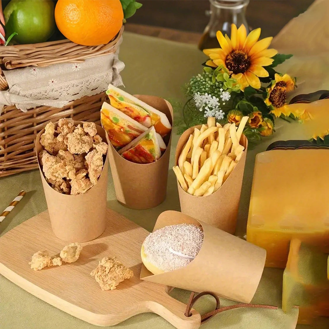 A collection of disposable kraft paper serving cups filled with yellow and orange food items on a green surface.