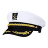 A white captain's hat with black trim and gold embroidery, shown from the front.