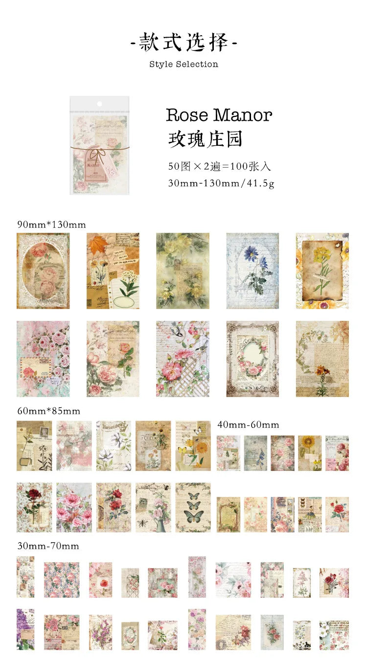 Collection d'échantillons de papier de journal pour le style Rose Manor, en différentes tailles et designs.