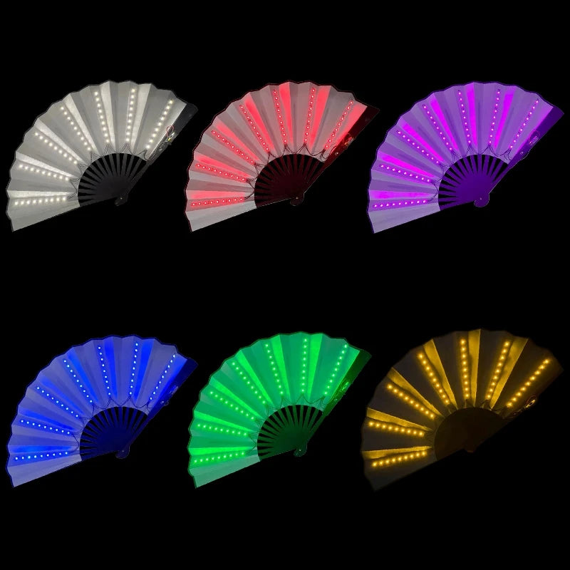 A collection of five folding LED fans displaying various colors including white, pink, purple, blue, and green.