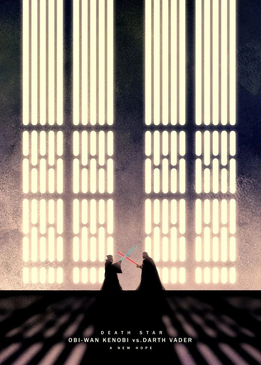 Silueta de Darth Vader y Obi-Wan Kenobi frente a una rejilla de barras de luz verticales.