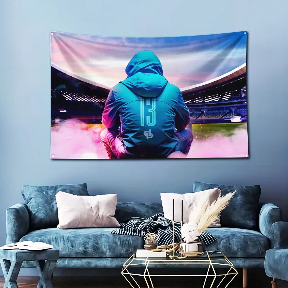 A banner featuring a person in a blue hoodie standing on a field, set against a dramatic purple and pink sky.